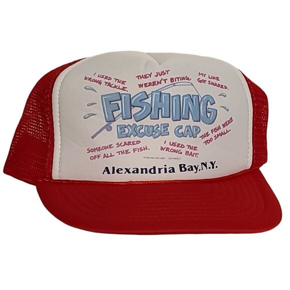 Vintage Alexandria Bay NY Fishing Excuse Cap Red Mesh Trucker Hat Humor Novelty - Picture 1 of 5
